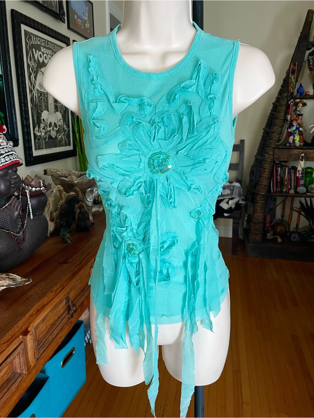 Jaune Rouge Turquoise Mesh & Sequin Top Small Boho Y2K 2000’s